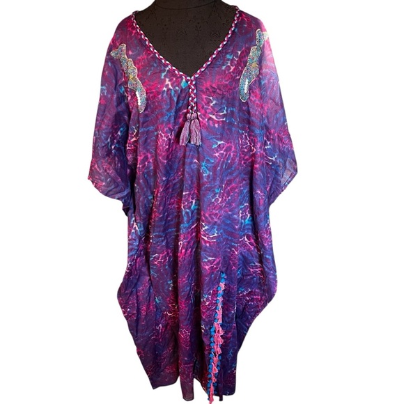 Karakorum Purple Pink Cotton Beaded Tassel Kaftan Caftan One Size XL - Picture 1 of 8